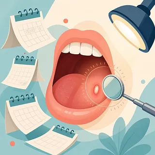 Úlcera persistente en un lado de la lengua examinada con un espejo dental, rodeada de calendarios