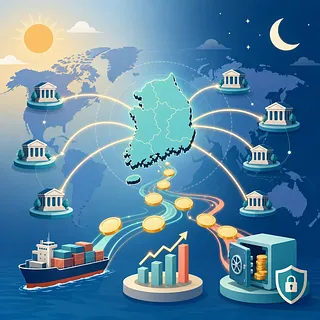 世界地図上の韓国と海外の銀行を結ぶ光、硬貨、貨物船、成長グラフ、金庫