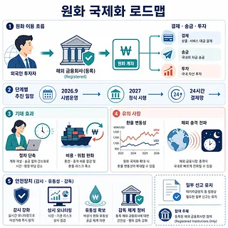 원화 이용 흐름, 추진 일정, 기대 효과, 유의 사항과 안전장치를 정리한 원화 국제화 로드맵