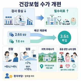 검사 중심은 줄이고 필수의료를 늘리는 건강보험 수가 개편 인포그래픽