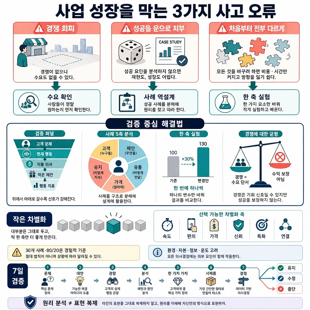 Infografía sobre tres errores de pensamiento que frenan el crecimiento empresarial y soluciones basadas en validación
