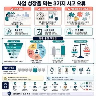 사업 성장을 막는 세 가지 사고 오류와 검증 중심 해결법을 도표로 정리한 인포그래픽