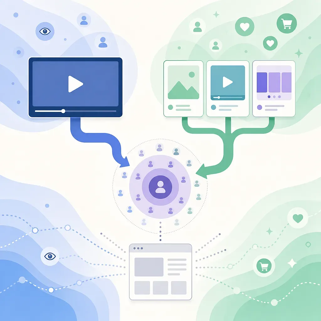 Diagram linking a video player and ad creatives to a target audience and webpage
