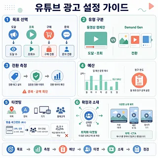 목표, 유형, 전환 측정, 예산, 타겟팅, 확장과 소재를 설명하는 유튜브 광고 설정 가이드