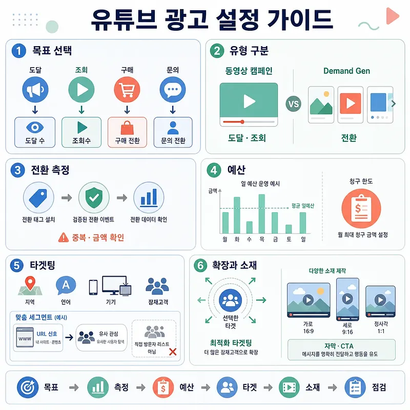 YouTube ad setup guide covering goals, campaign types, conversions, budget, targeting, and creatives