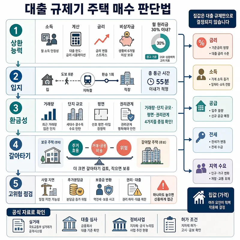 Infographic showing five checks for buying a home under loan restrictions, from repayment ability to high-risk factors