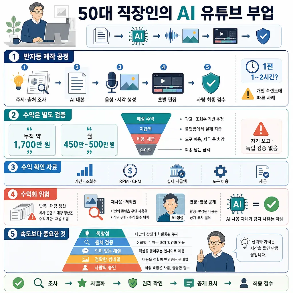 50代会社員のAI活用YouTube副業について、制作工程、収益検証、リスクをまとめた図解