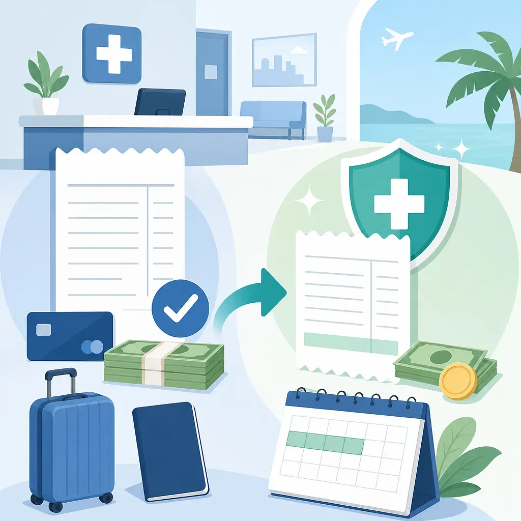 Hospital desk, suitcase, medical bills, cash, insurance shield, and calendar