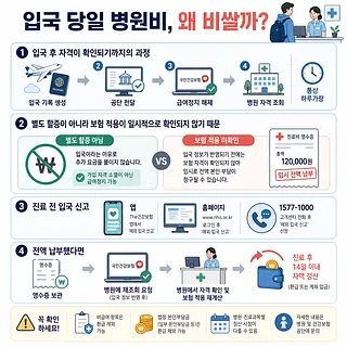 입국 당일 건강보험 확인 절차와 병원비 선납·환급 방법을 안내하는 인포그래픽