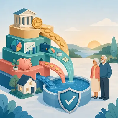 Pareja mayor junto a una estructura de cuatro niveles que simboliza pensiones y activos