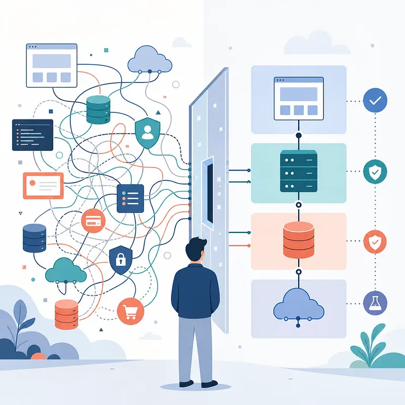 Developer standing between tangled system connections and an orderly layered architecture