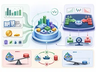Concept illustration of underlying assets flowing into an ETF, with trading, liquidity, premium, and discount scenes