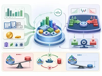 Ilustración conceptual de activos subyacentes que convergen en un ETF, con escenas de negociación, liquidez, prima y descuento