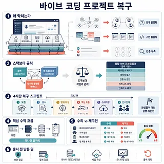 바이브 코딩 프로젝트의 문제 진단과 4시간 복구 절차를 6단계로 정리한 인포그래픽