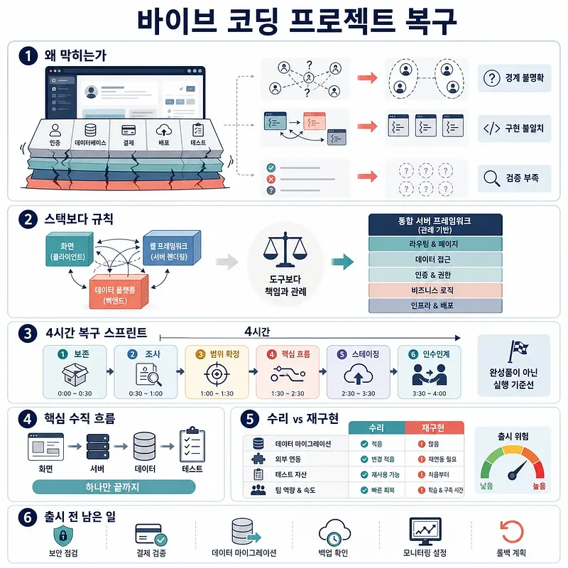 Six-part infographic outlining structural issues and a four-hour recovery sprint for a vibe coding project