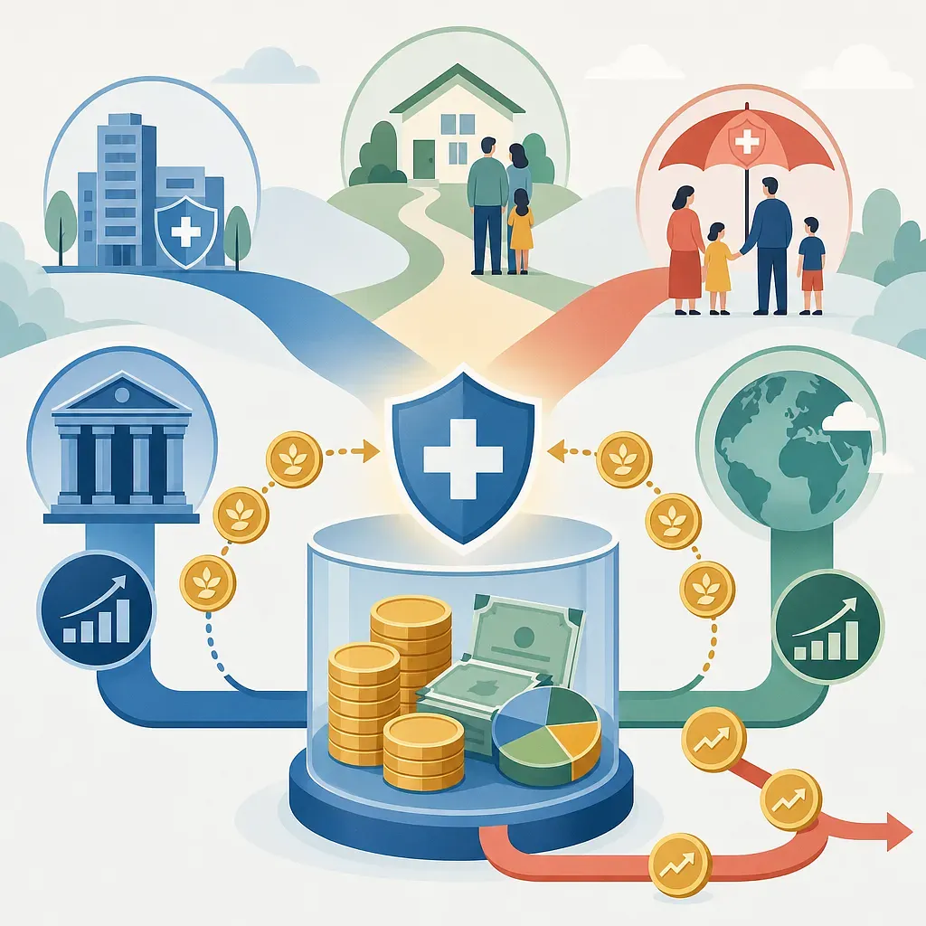 Financial infographic linking a health insurance shield with money, a bank, hospital, families, and globe