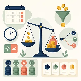 Balance scale with coins and a money bag, surrounded by a calendar, clock, funnel, and charts