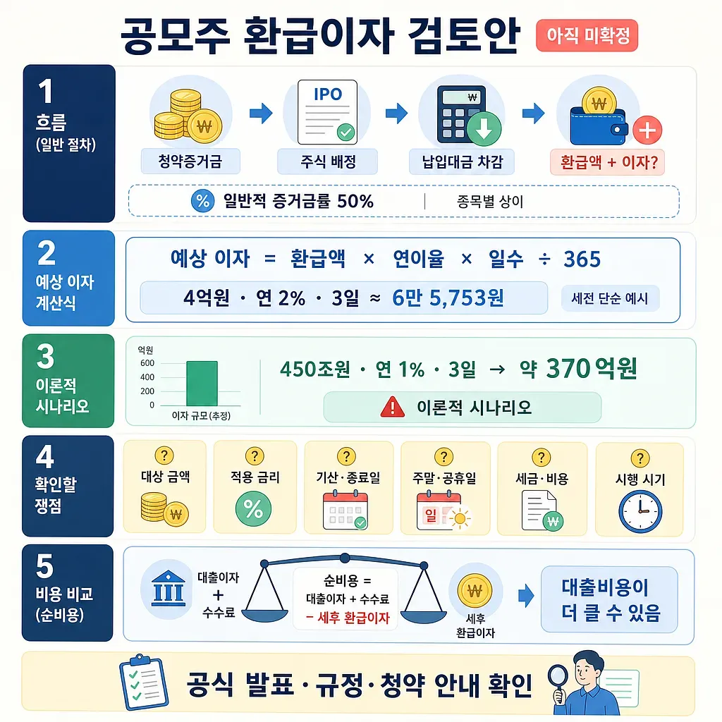 IPO申込証拠金の還付利息について、流れ、計算式、理論例、確認点、費用比較を示す図解