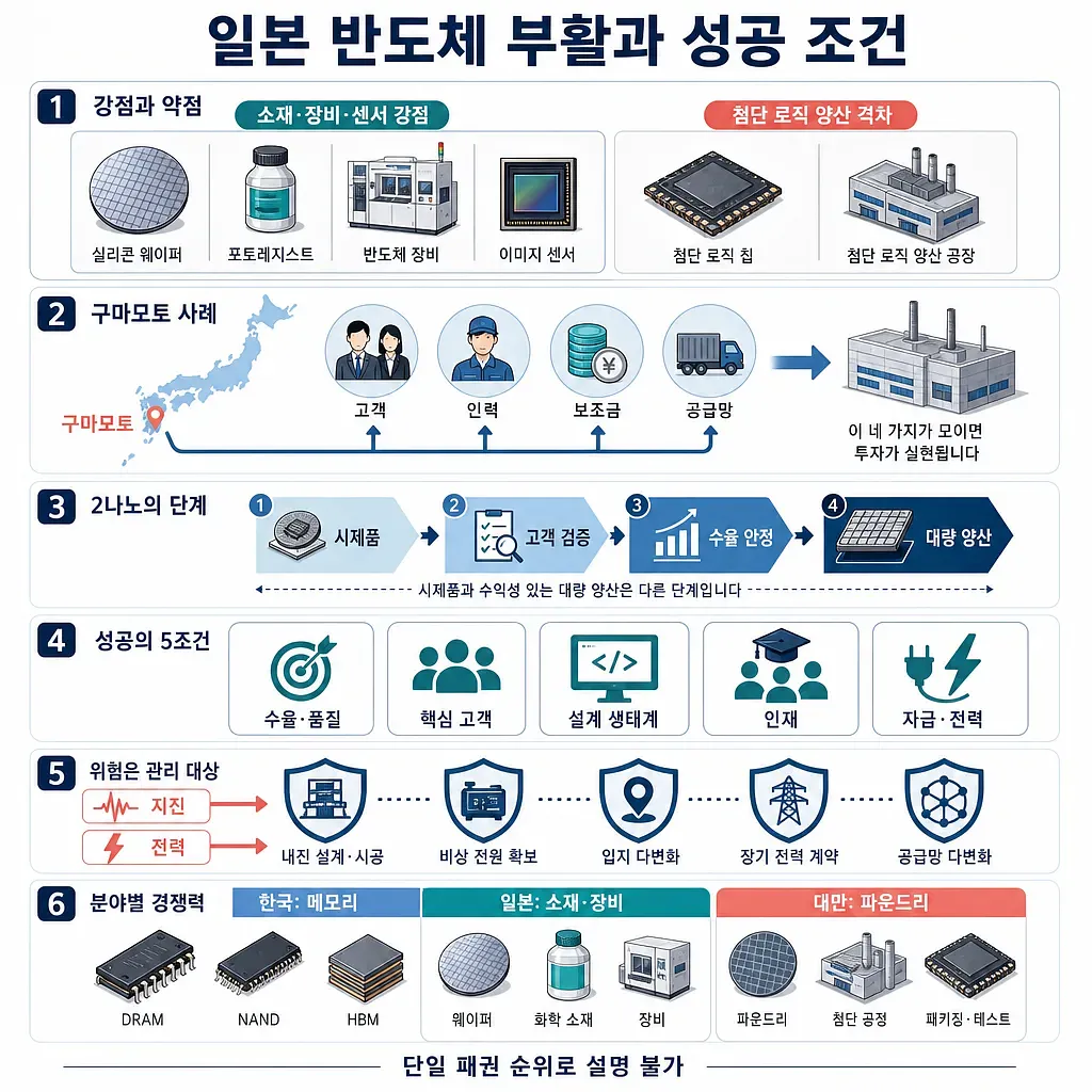 Infografía sobre el renacer de los chips de Japón, la producción de 2 nm, condiciones y riesgos