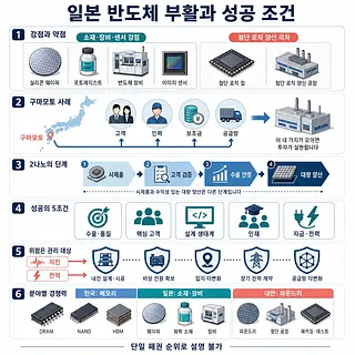 일본 반도체 부활의 강점과 약점, 2나노 양산 단계, 성공 조건과 위험을 정리한 인포그래픽
