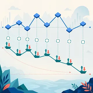 Gráfico azul fluctuante sobre una línea turquesa descendente con símbolos de reinicio