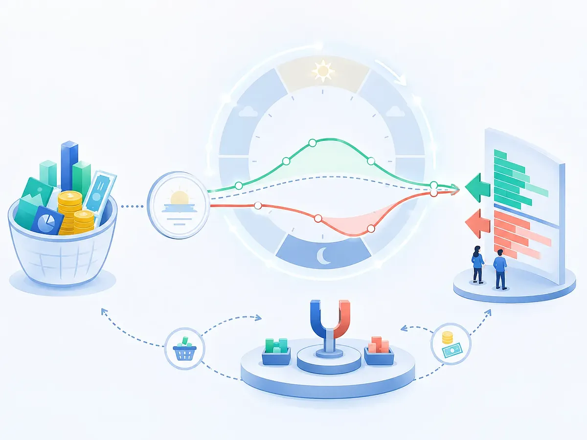 ETF basket, intraday clock, price paths, order book, and stabilizing market mechanism in a finance illustration