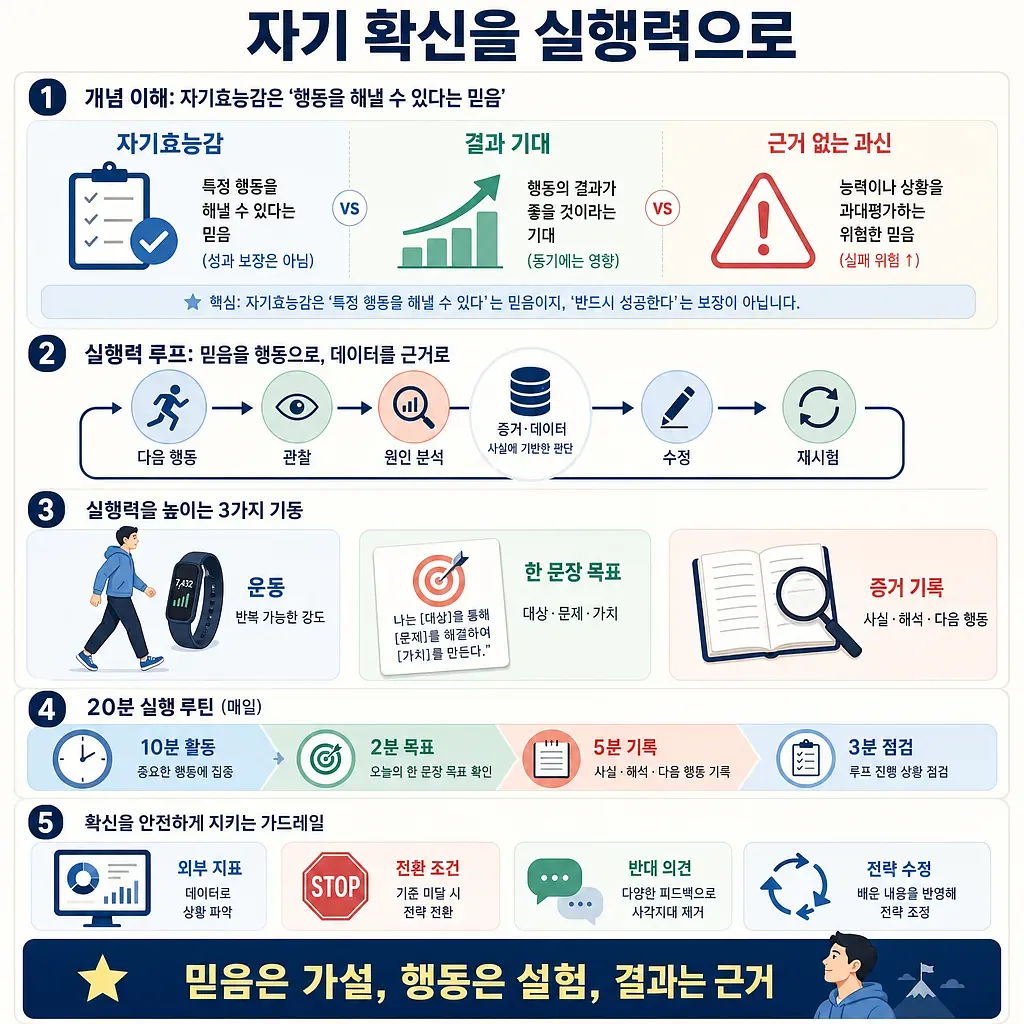 Infographic outlining concepts, action loops, habits, and guardrails for turning confidence into action