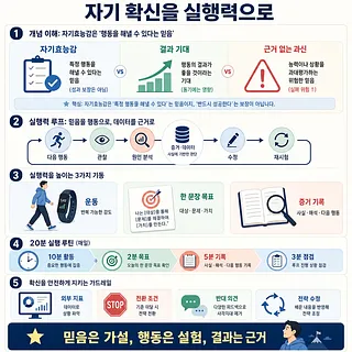 자기 확신을 실행력으로 바꾸는 개념, 실행 루프, 습관과 안전장치를 정리한 인포그래픽