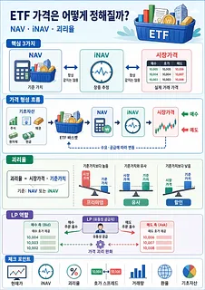 ETF 가격 형성 과정을 한국어 섹션별 도표와 아이콘으로 정리한 인포그래픽