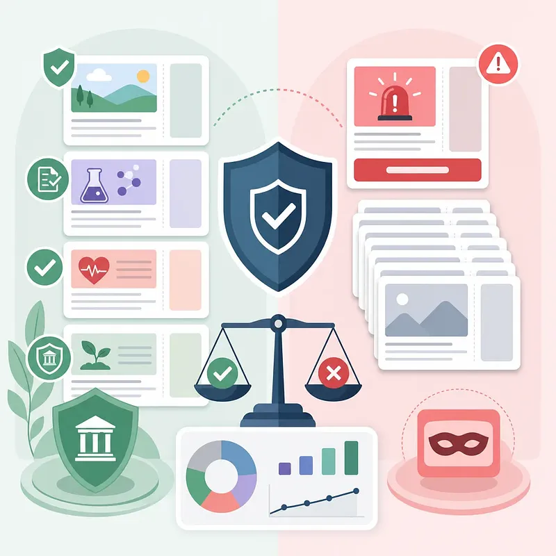 Escudo, balanza, tarjetas web, alertas y gráficos que comparan contenido seguro y arriesgado