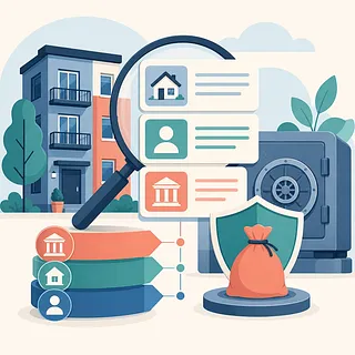 House, property record cards, magnifying glass, safe, shield, and money bag illustration