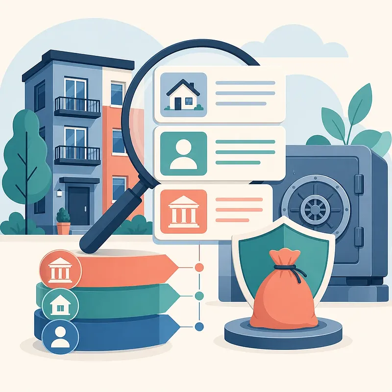House, property record cards, magnifying glass, safe, shield, and money bag illustration