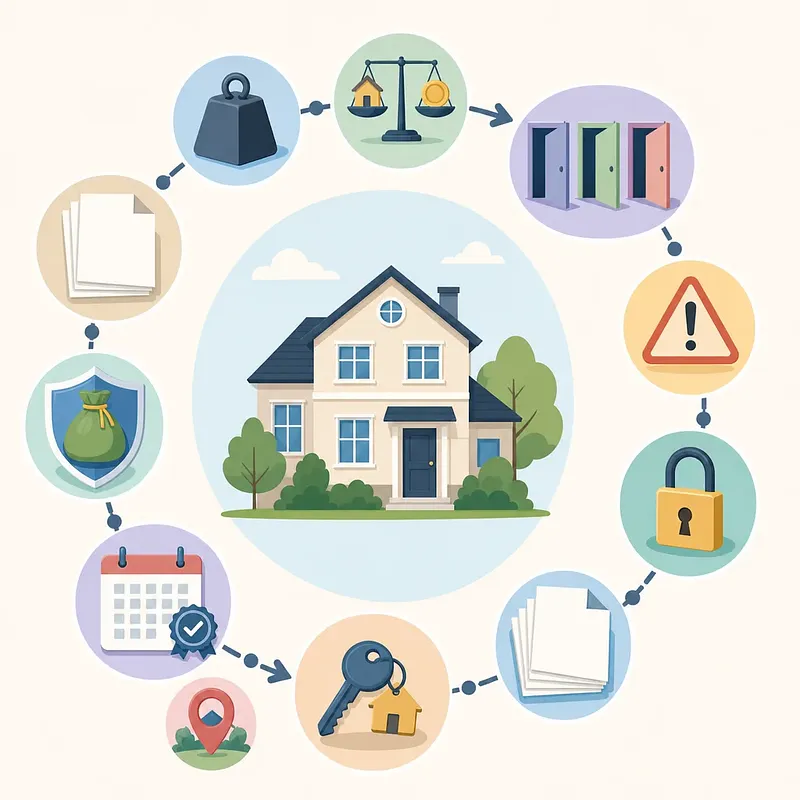 House surrounded by documents, scales, warning sign, lock, key, calendar, and protective shield