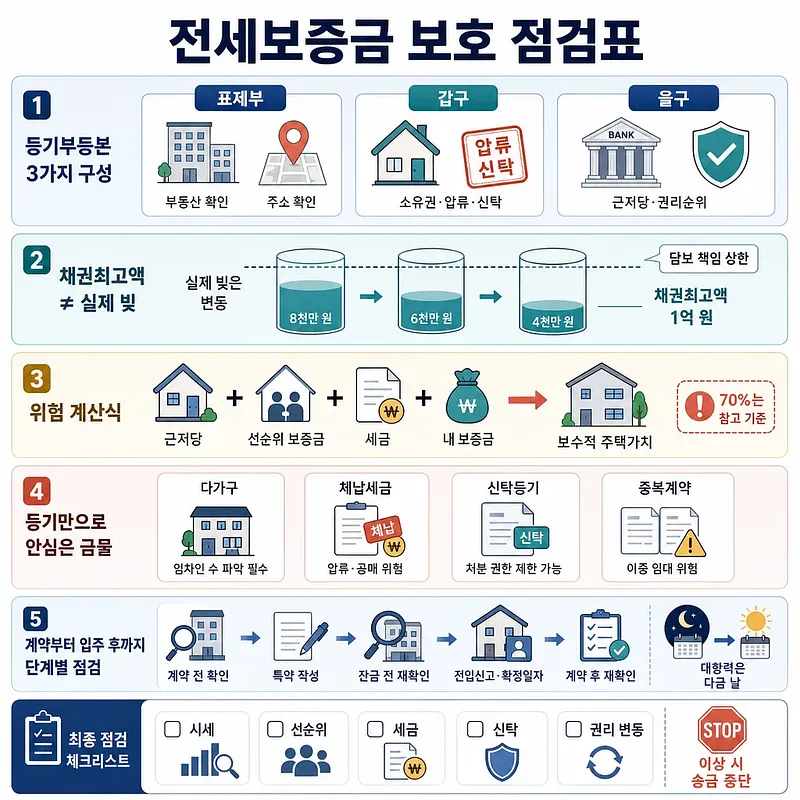 Lease deposit protection checklist covering registry review, risk calculation, and contract stages