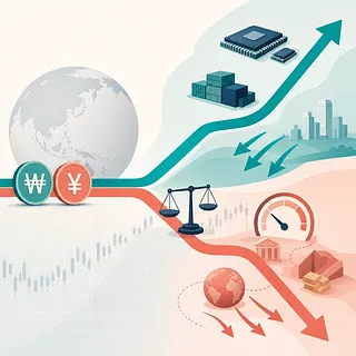Monedas de won y yen con flechas divergentes, comercio, tecnología e indicadores de mercado