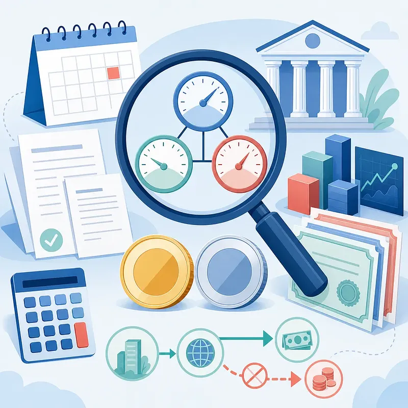 Financial analysis illustration with three gauges under a magnifier, coins, a bank, charts, and documents