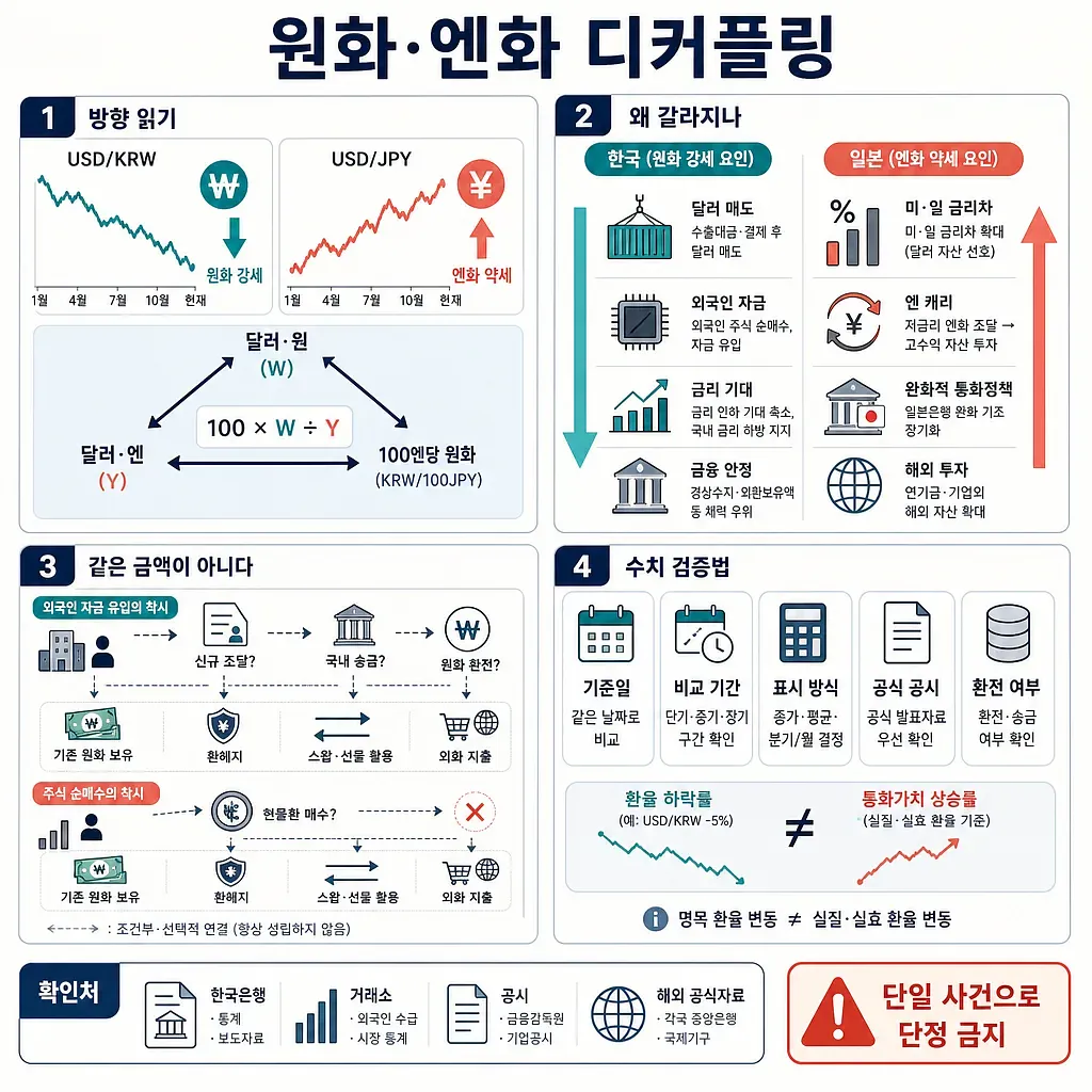 Four-part infographic on won strength, yen weakness, their causes, and exchange-rate verification