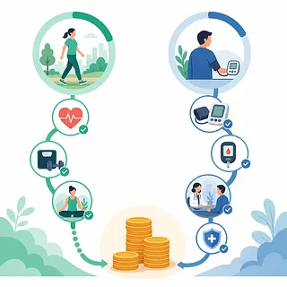 Actividades saludables y controles de presión y glucosa que conducen a monedas de recompensa