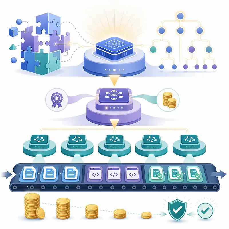 Model selection flow with puzzles, layered AI chips, a task conveyor, and shrinking coin stacks