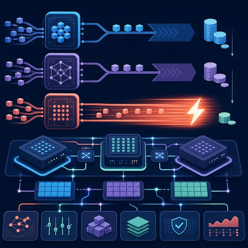 Infographic comparing AI model processing flows, speed, cost, and hardware infrastructure