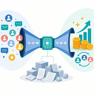 Users and messages pass through an AI-powered funnel and emerge as revenue and growth