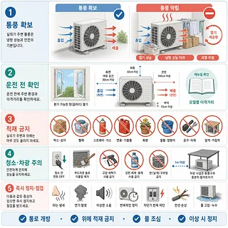 에어컨 실외기 통풍, 이격거리, 적재 금지, 청소 및 이상 징후를 안내하는 안전 수칙