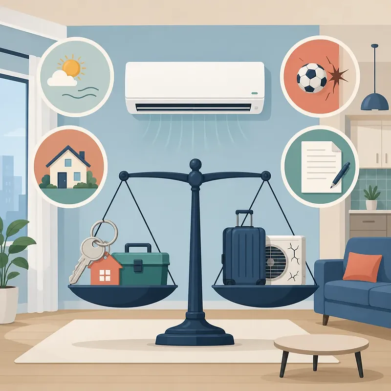 Illustration of a wall AC above scales holding house keys and a damaged outdoor unit