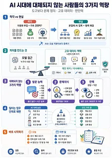 AI 시대 핵심 역량을 착각과 현실, 고유 데이터, 발문 능력, 문제의식, 안목으로 정리한 인포그래픽