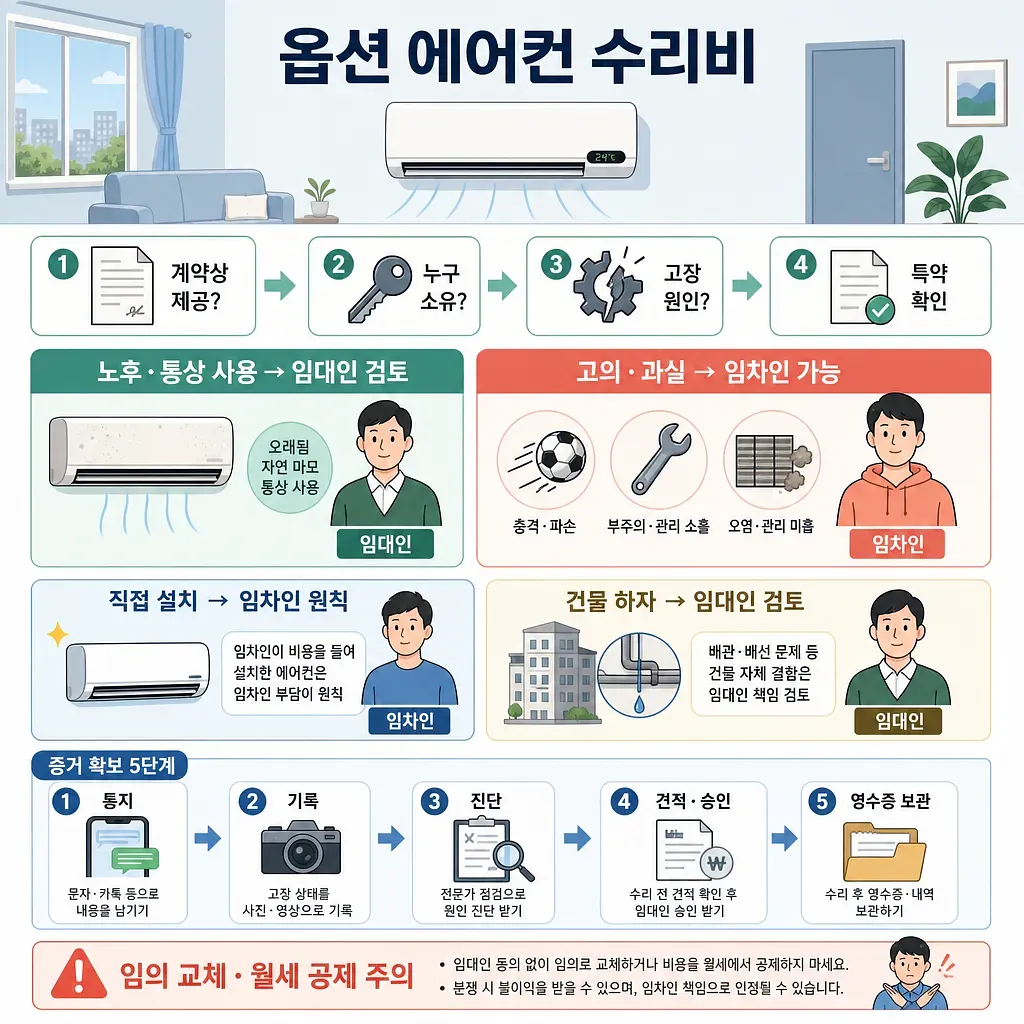 備え付けエアコン故障時の貸主・借主の修理費負担基準を示す案内図