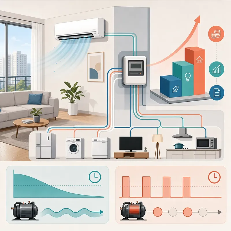 Infografía del flujo eléctrico, el aumento del coste y el funcionamiento inverter y de velocidad fija