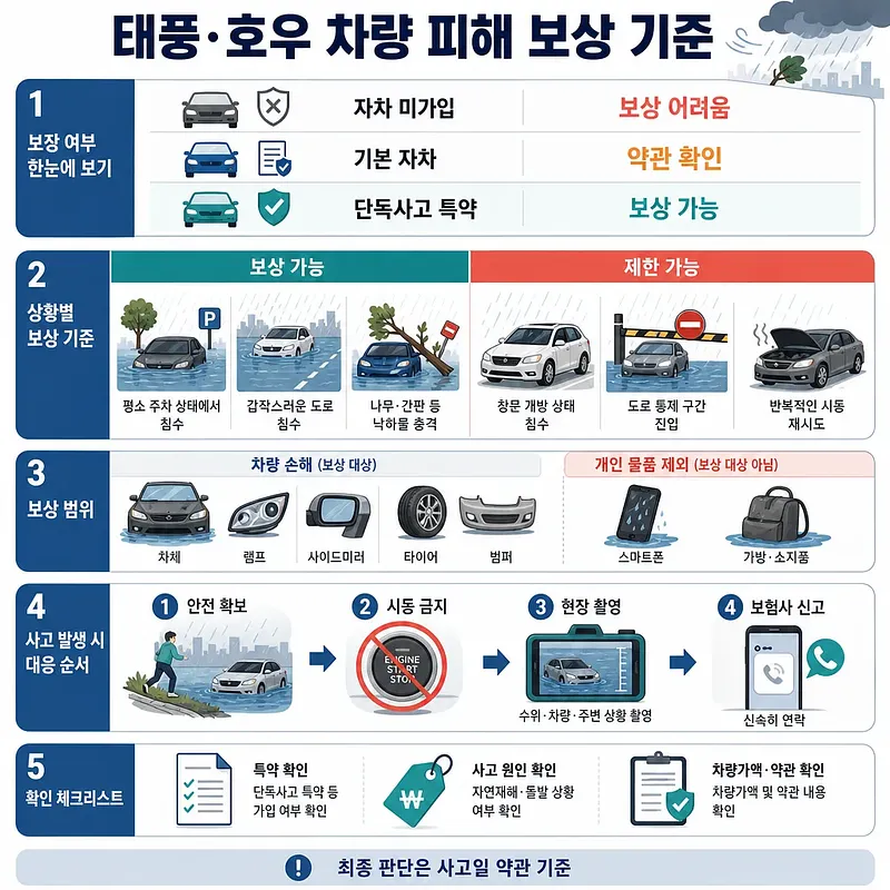 태풍·호우로 인한 차량 침수·파손의 자동차보험 보상 기준과 사고 대응 순서를 정리한 인포그래픽