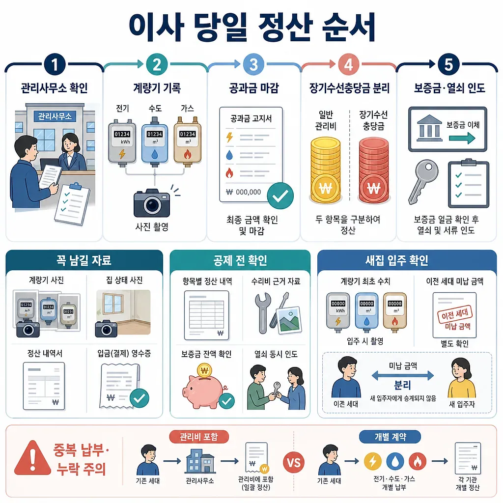 이사 당일 관리비와 공과금 정산 5단계 및 준비 자료를 안내하는 인포그래픽
