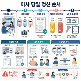 이사 당일 관리비와 공과금 정산 5단계 및 준비 자료를 안내하는 인포그래픽