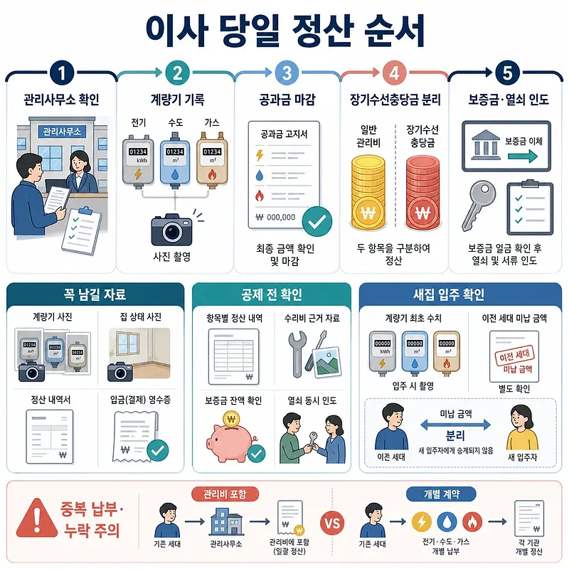 Korean infographic showing five steps for settling moving-day fees, utilities, reserve funds, and deposits